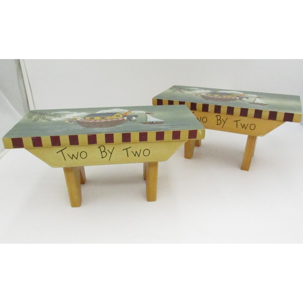 Set of 2 "Two By Two" Noah's Ark Animal Wood Decorative Mini Stools Figurines